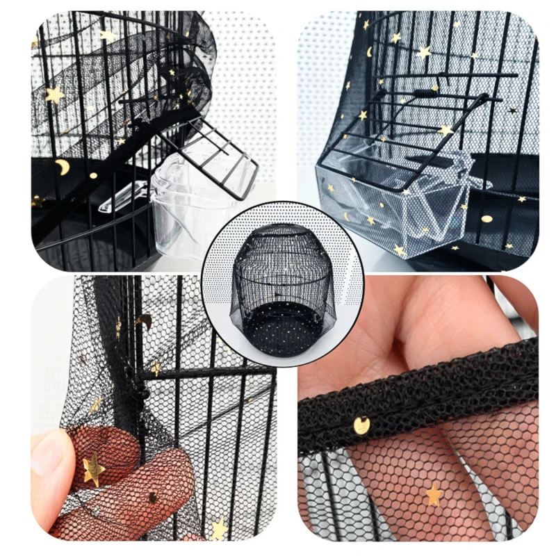 Mesh Bird Cage Cover Shell Skirt Net Adjustable Bird Cage Dust Cover Easy Cleaning Airy Fabric Mesh Pet Bird Cage Cover