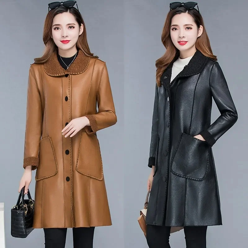 

Leather Coat Women Mid length Mother Wear 2023 Autumn/Winter New Korean Version Versatile Loose Fit Velvet Windbreaker Fur Coat