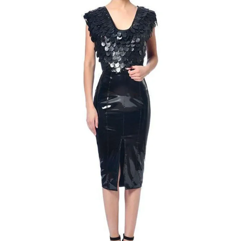 

Women PU Leather Midi Skirts Front Hems Slit High Waist Slim Skirt Office Lady Vintage PU Leather Knee Length Skirts Custom