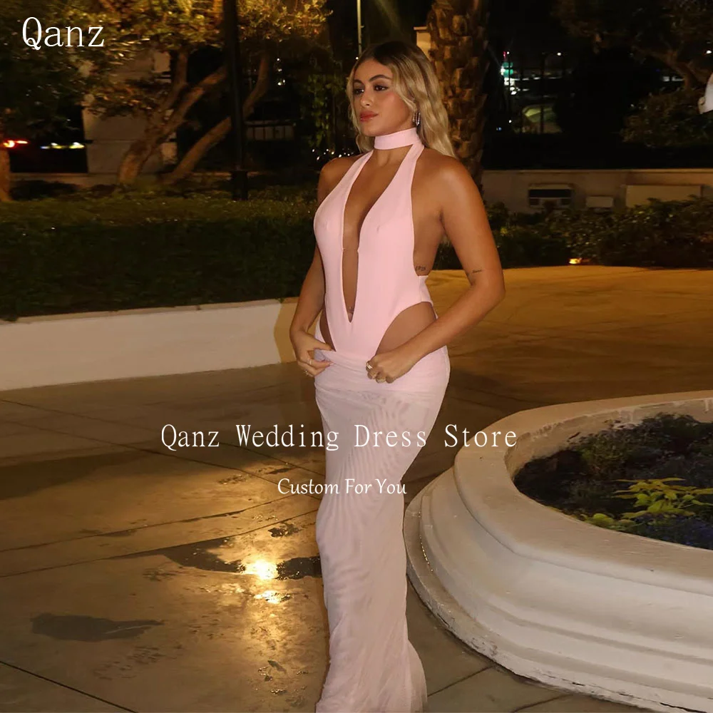 

Qanz Sexy Prom Party Dress Deep V Neck Sleeveless Mermaid Dress For Wedding Guest Elegant Backless Vestidos De Fala Customized