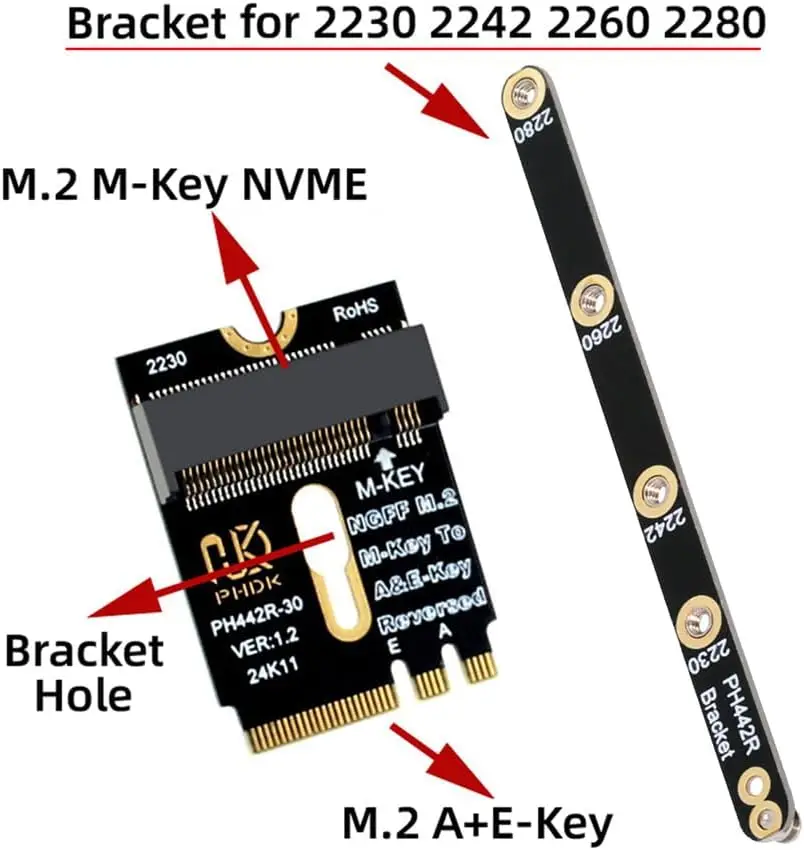 M.2 A+E to NVME SSD Adapter M2 WIFI Interface A/E Key to M Key PCIE 4.0 Riser Card with Bracket for 2230 2242 2260 2280 NVME SSD