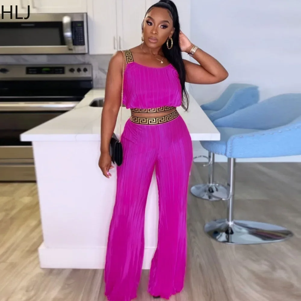 HLJ Fashion Print Patchwork Wide Leg Pants Two Piece Sets Women Ruched Sleeveless Strap Crop Top And Pants Outfits Streetwear