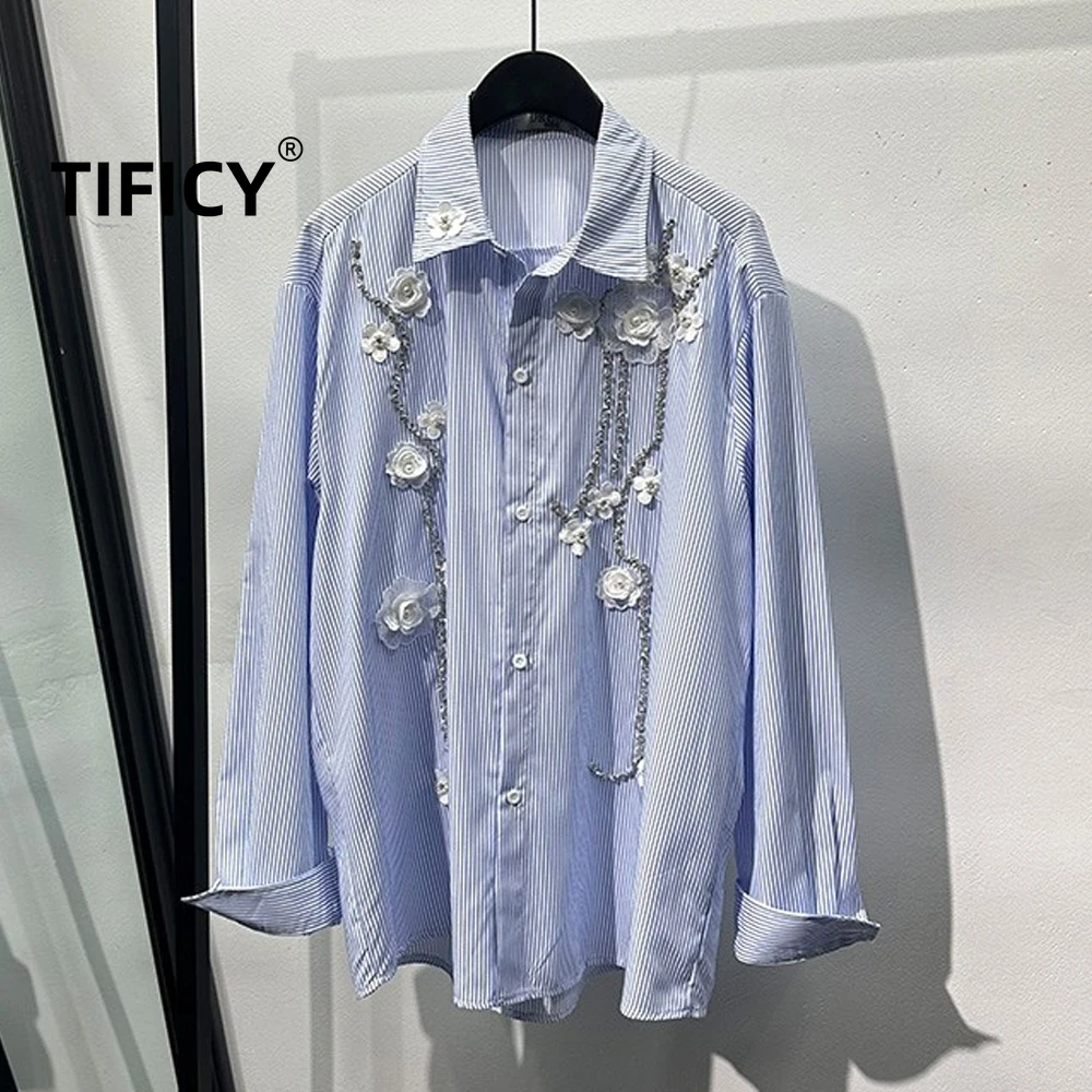 

High Street Temperament Handmade Floral High-end Long Sleeved Shirt Men's Fashion Design Blue Striped Shirt Men Clothing