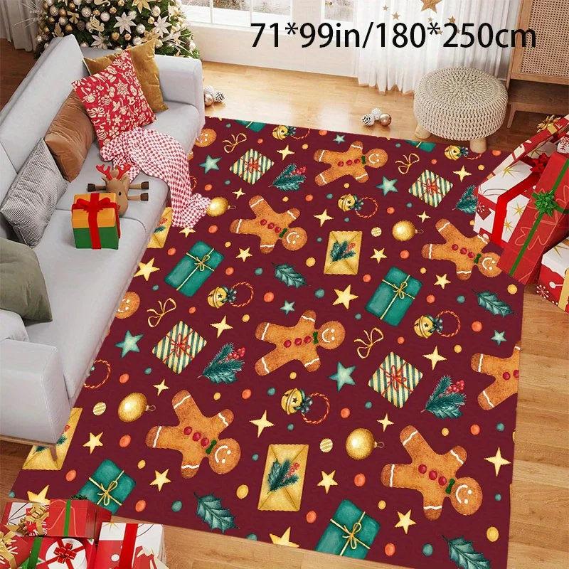 1pc Large Golden Diamond Velvet Christmas Rug with Gingerbread Man Pattern, Soft Floor Mat for Holiday Decor
