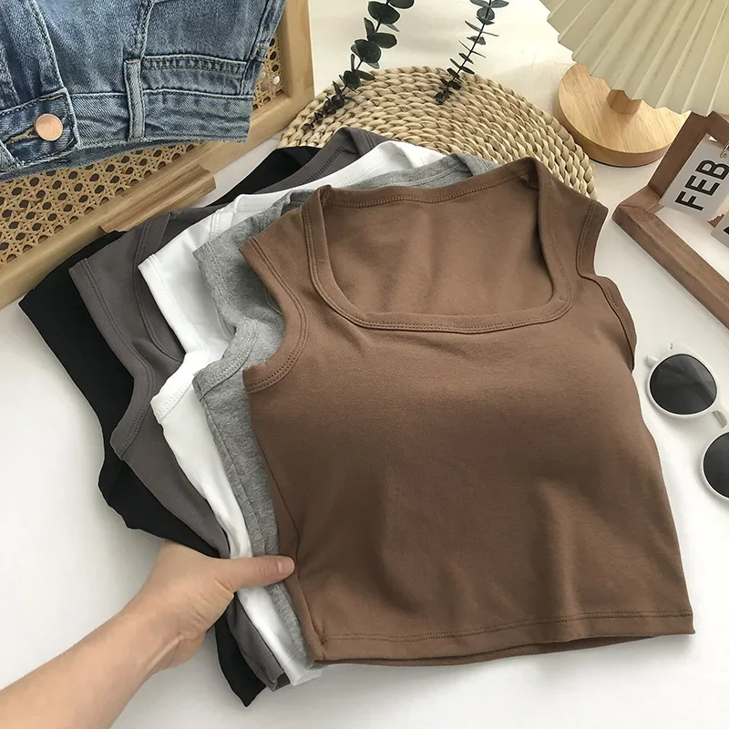 Women Tank Tops Sexy Square Low-Collar Sleeveless Neck Camisole Solid Tank Top Female Summer with Pad Solid Color Bottoming Tops