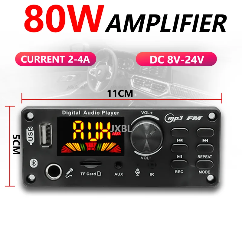 80W Bluetooth 5.0 MP3 Decoder Board 2x40W Stereo Audio Player USB TF FM AUX Mic Recording Karaoke DC 8V-24V Car Home view 3