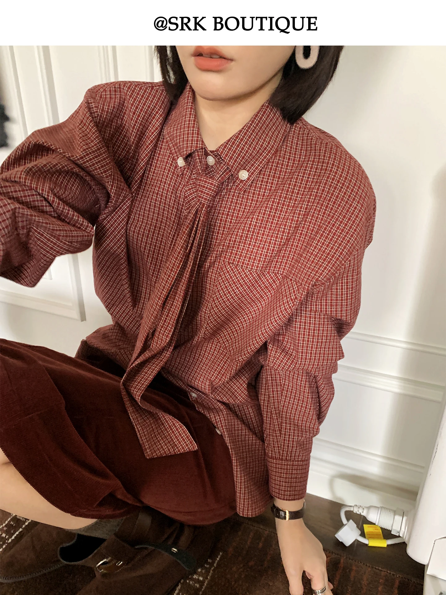 SRK 빈티지 체크무늬 셔츠 디자인 센스 사시 안티에이징 우아한 패션 레이어드 긴팔 탑 여성 캐주얼 루즈핏 코튼 린넨 블렌드
