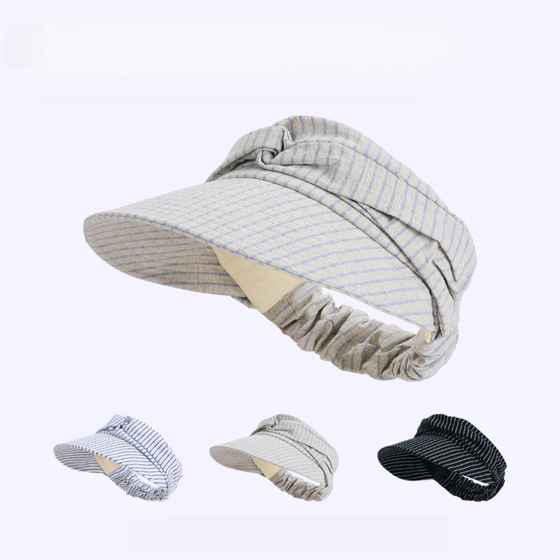2PCS Japanese Retro Striped Pleated Sun Visor Hat for Women High-End Folding Wide Brim Summer UV Protection Beach Cap