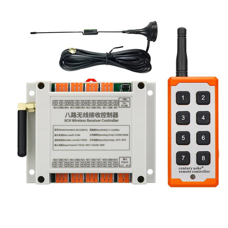 433mhz DC 12V 24V 36V 8 Channel RF Wireless Remote Control System Receiver Transmitter Universal power industrial 20-1000m