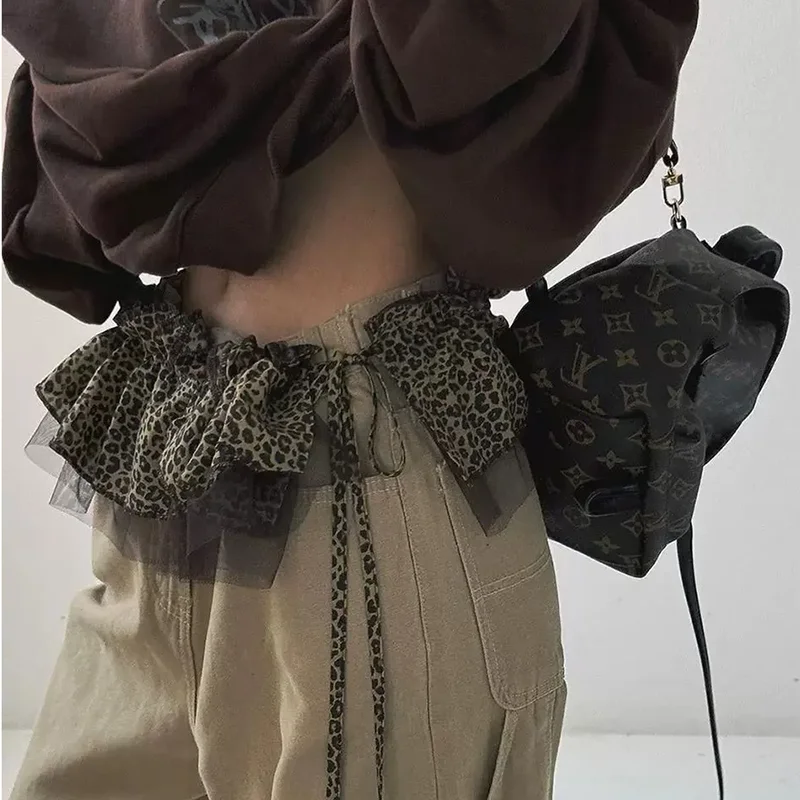 

Leopard Print Hip Scarf Skirt Fashion Hip-Hop Sweet Shirt Extender Ruffled Edge Waistband Mesh Layer Outfit Belt for Streetwear
