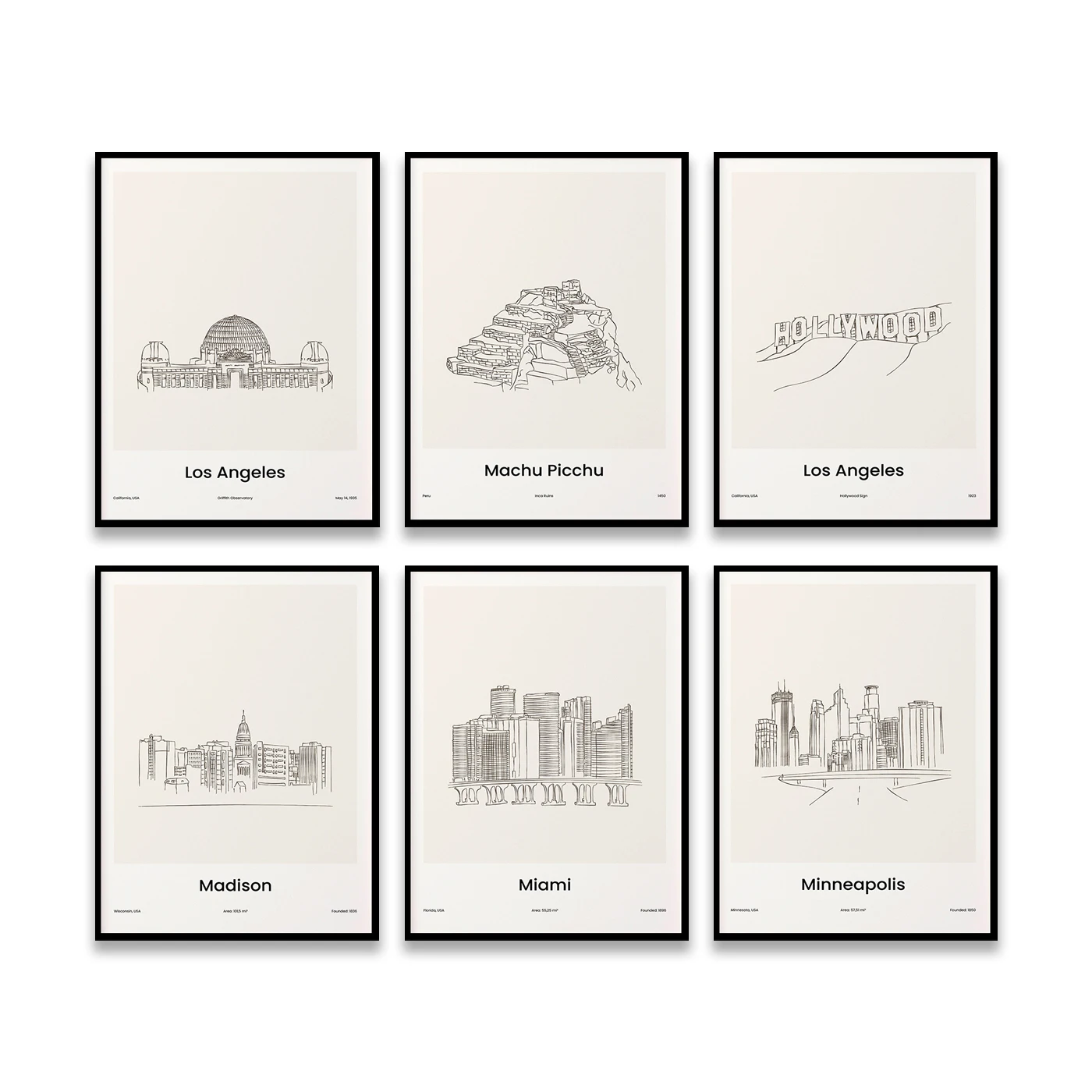 Milwaukee Miami Milford Sound Mexico Marrakech Melbourne Madrid Madison Machu Picchu Los Angeles . City Travel Line Map Poster