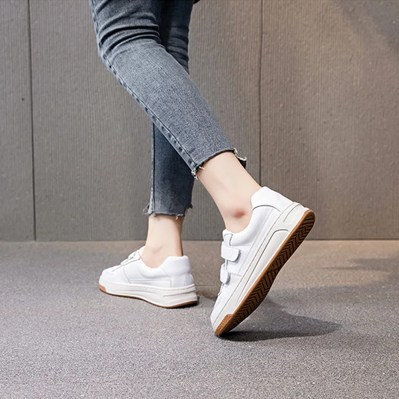 CXJYWMJL Genuine Leather Women Hook & Loop Sneakers Spring Thick Sole Little White Shoes Ladies Autumn Casual Vulcanized Shoes