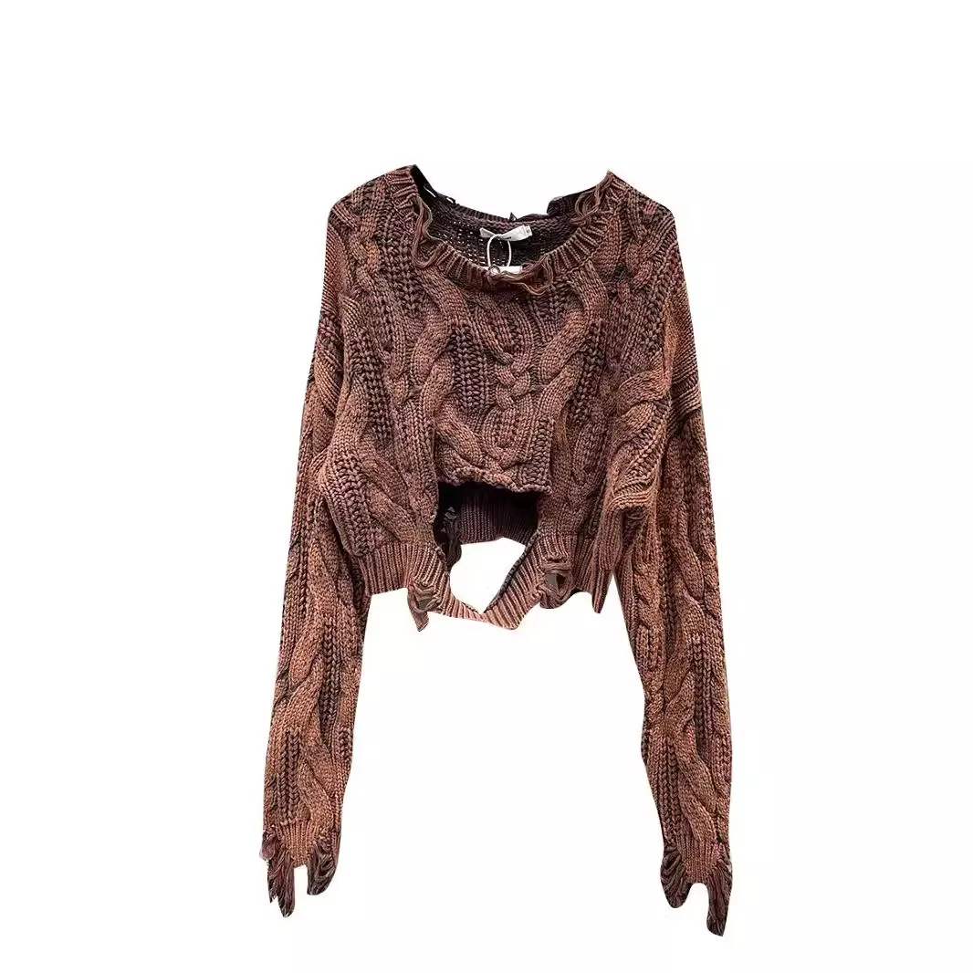 Pull tricoté à manches longues et col rond, ample, avec trous délavés, mode de rue, automne hiver 2025