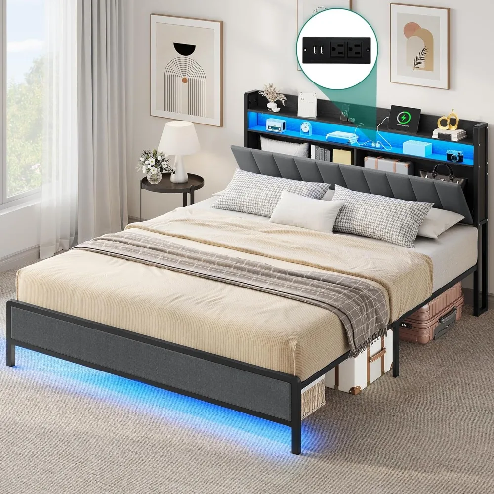 

King Size Bed Frame with Storage Headboard, LED, Charging Station, Heavy-Duty Metal Slats, Easy Assembly, Under bed storage