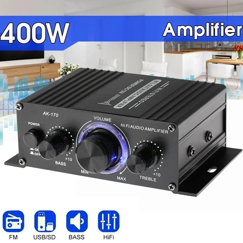 

AK170 Mini Digital Power Audio Car Amplifier Blue Light Stereo Audio Amplifier for Home Theater Club Party Music 200Wx2 Power