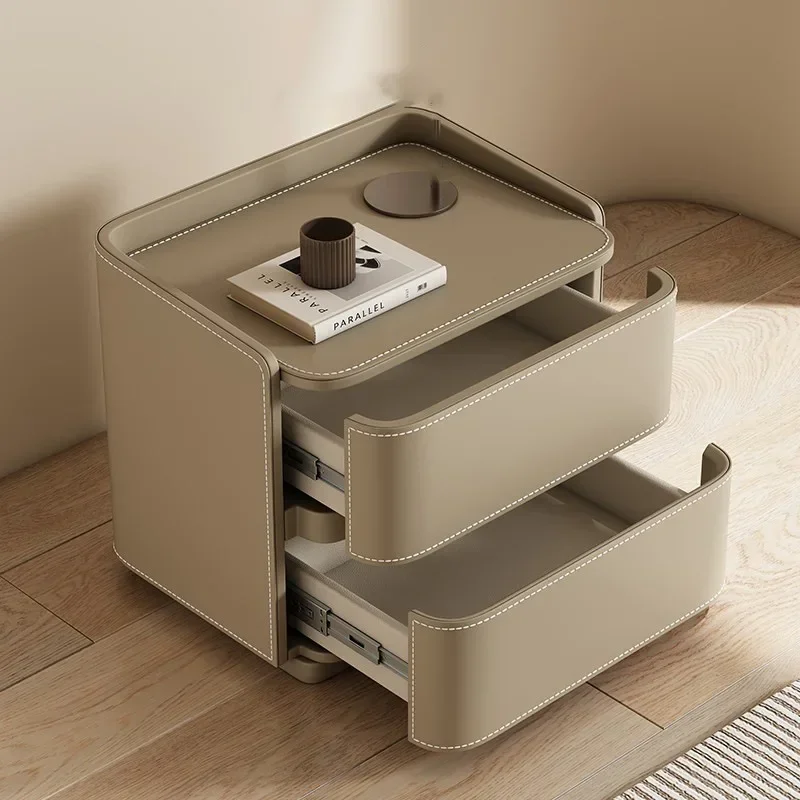 Multi-functional Cream Wind Rock Slab Saddle Leather Solid Wood Bedside Table Bedroom Storage Cabinet Sturdy And Durable