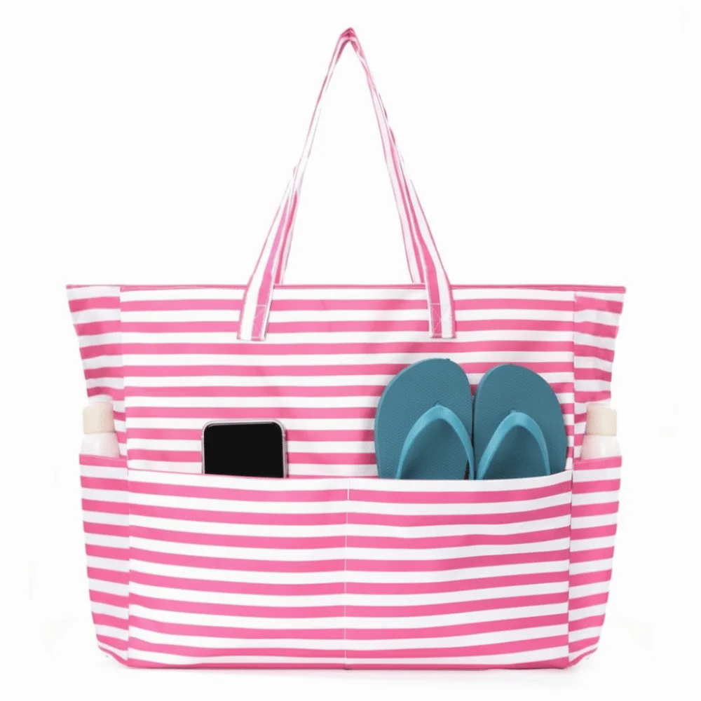 Multiple Pockets Beach Tote Bag Foldable Large Capacity Gym Grocery Vacation Bags Sandproof Zipper Shoulder Bag