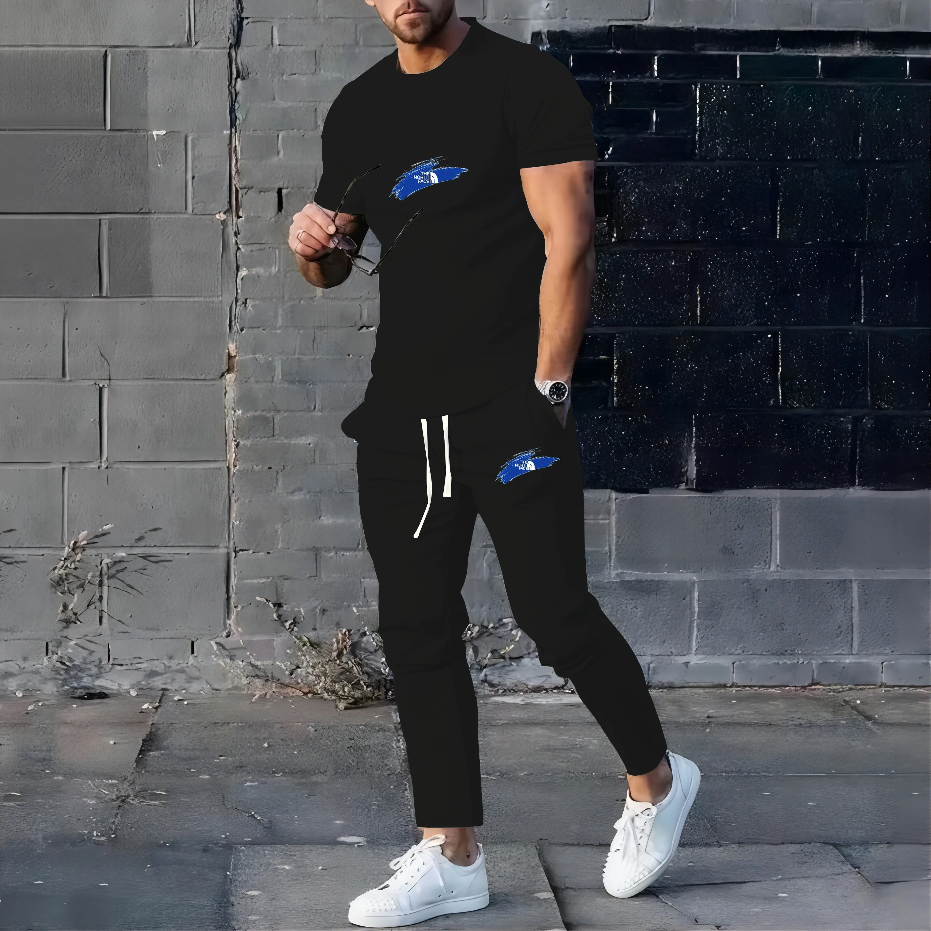 Summer men\'s golf sports set 2-piece long pants printed short sleeved T-shirt+long pants streetwear trendy men\'s clothing