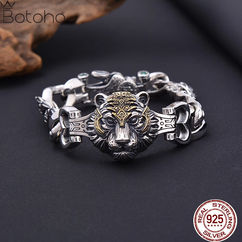 S925 Silver Vintage Thai Silver Men's Ethnic Style Tiger Head Tang Grass Pattern Punk Bracelet Fashion Jewelry