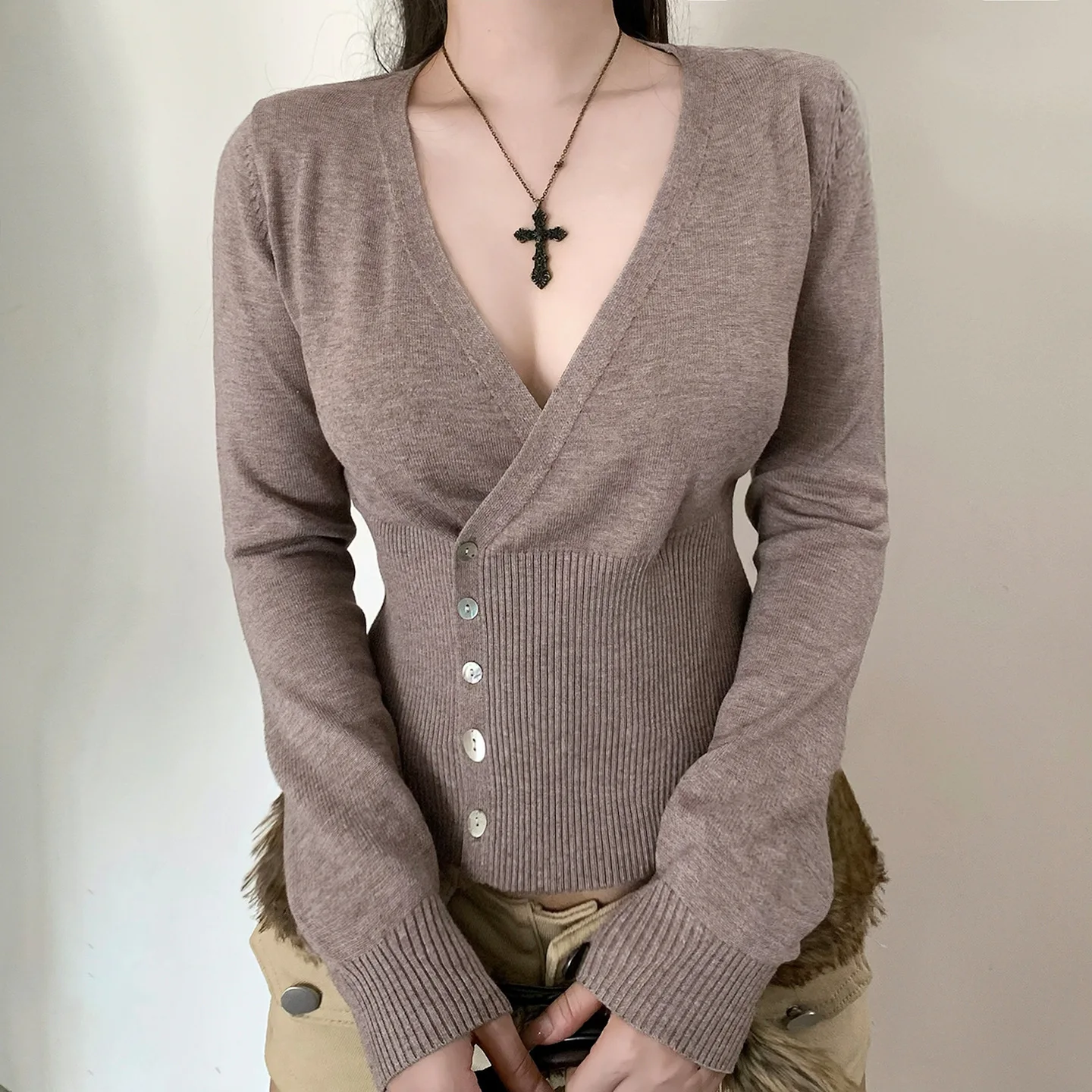 Maglione da donna con fibbia in vita con scollo a V incrociato cardigan moda autunnale