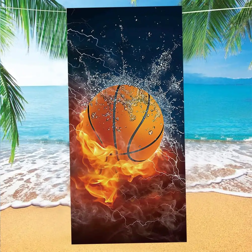 1PC Basketball Print Beach Towel, Cool Fire Design Soft Microfiber, Quick Dry for Adults & Kids, Ideal for Pool Swim Travel Bath view 5