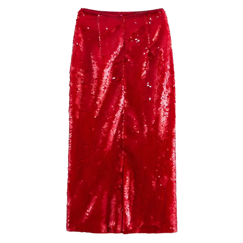 TRAF 2024 Woman Sequin Dance Skirts For Women Red High Waist Long Skirts Elegant Solid Pencil Skirt Fashion Korean Style Skirts