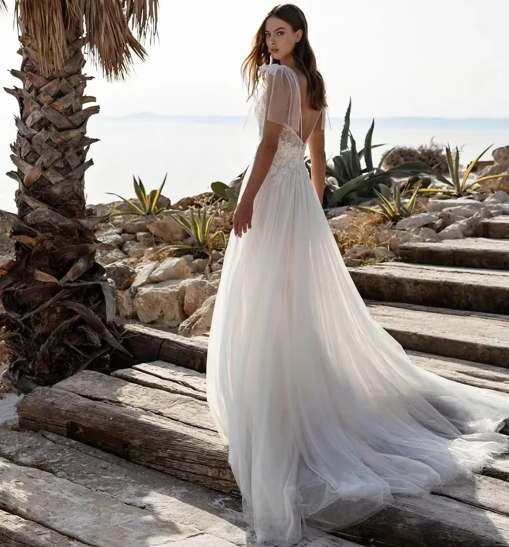 Maßgeschneiderte 2025, Boho-Vintage-Hochzeitskleider, Brautkleider, Strand, Tüll, Pailletten, Spitze, Applikationen, Brautkleid, Vestidos de Novia