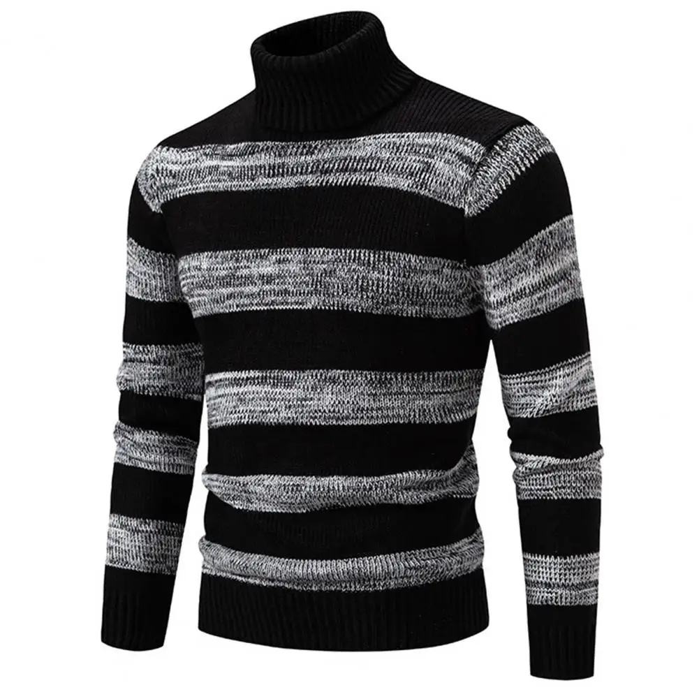 Men Fall Winter Sweater Striped Colorblock Knitted Long Sleeve Elastic Pullover Thick Warm Sweater