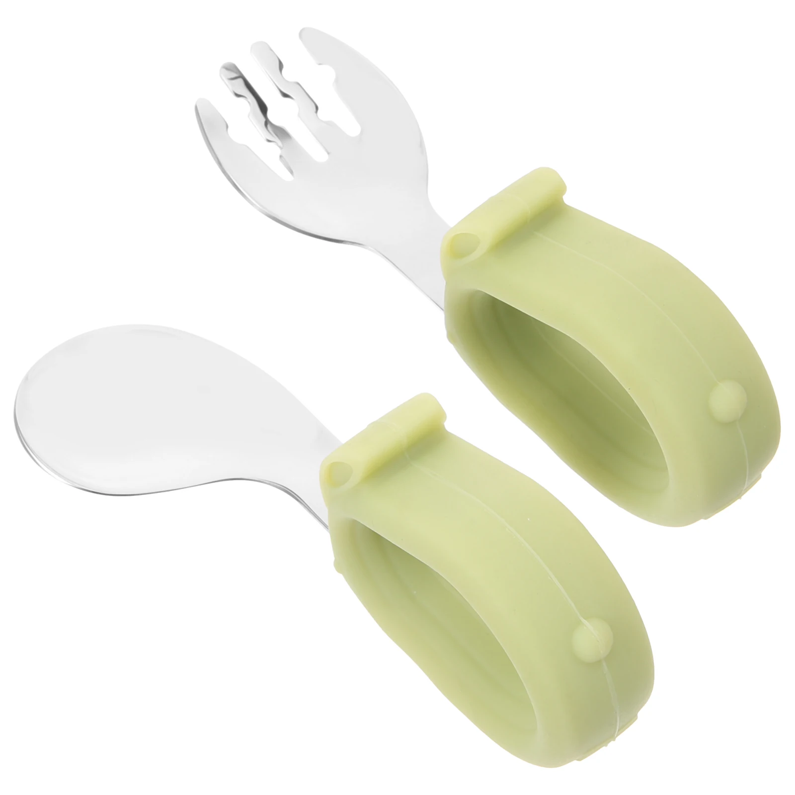 

Portable Silicone Baby Spoon Fork Set Toddler Self Feeding Training Utensils Short H Curved Design Green Color Lightweight