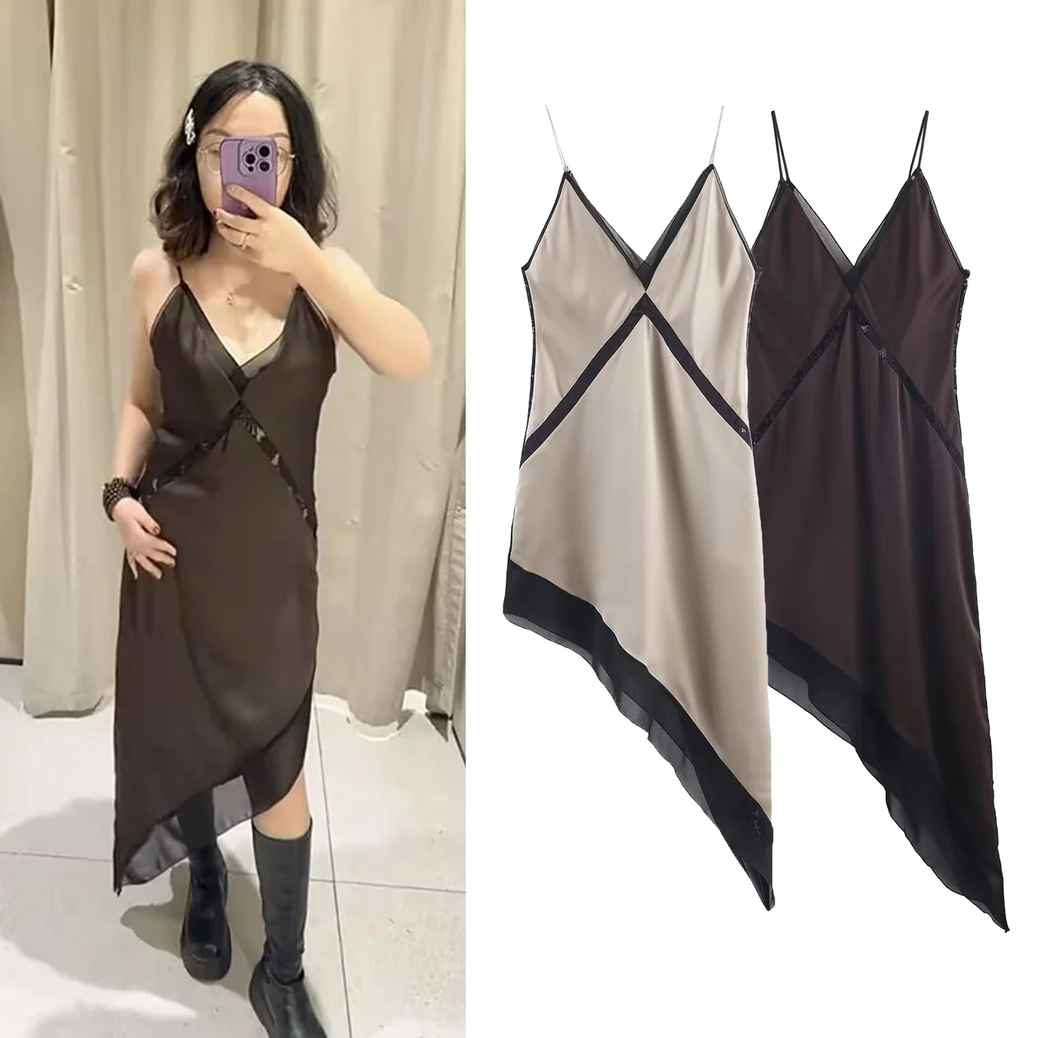 Vestido elegante ajustado con cuello en V para mujer, vestido largo asimétrico de encaje satinado elegante para primavera y verano, vestido ajustado de fiesta a la moda