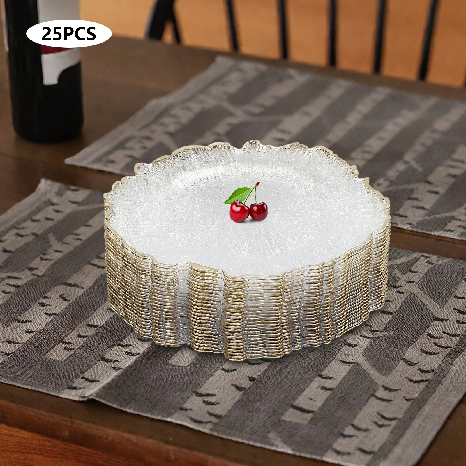 

25 шт. декоративных тарелок в форме цветка, 32 см/12,6 дюйма, с золотым ободком, прозрачные, с горячим тиснением, для свадеб, банкетов, дней рождения, украшения стола