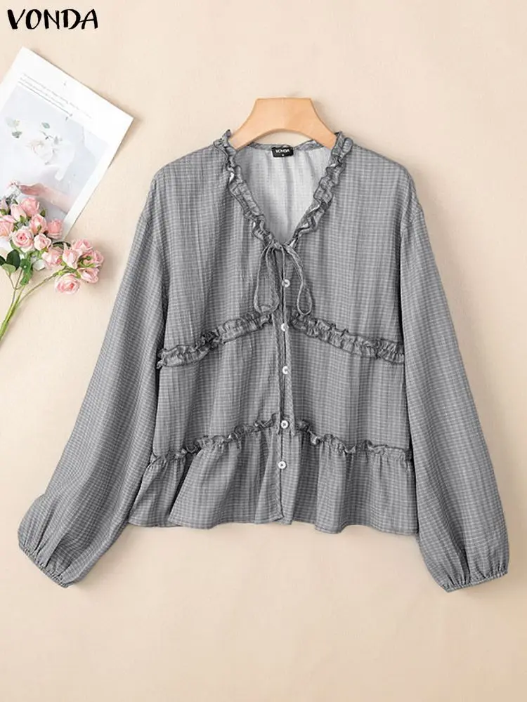 Vonda moda xadrez camisas femininas topos primavera outono manga longa com decote em v elegante senhora do escritório blusa casual bandagem solta blusas
