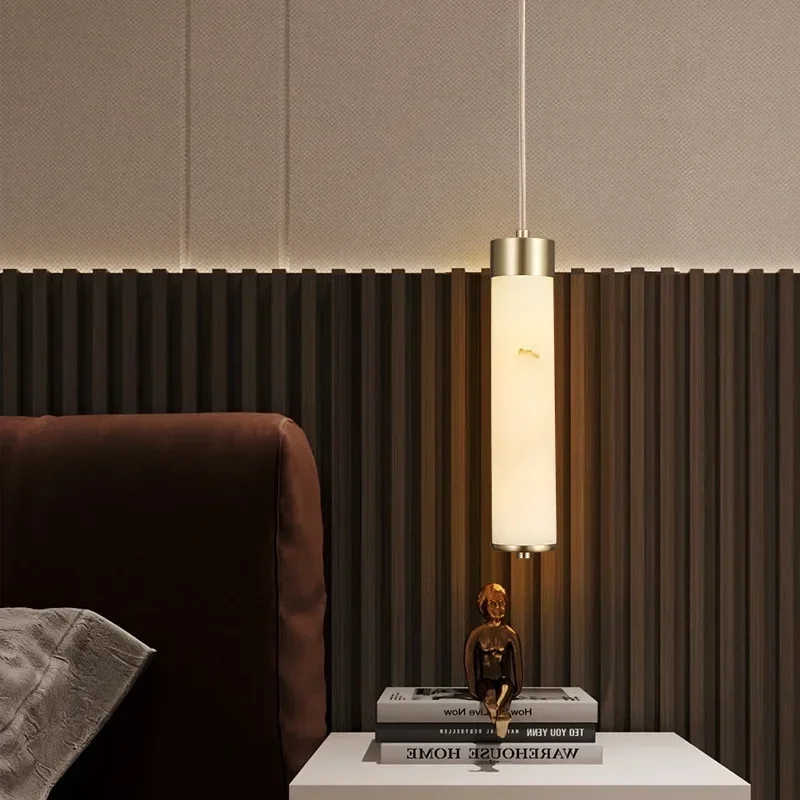

Simple Natural Marble cylindrical Pendant Light Dining Room Living Room TV Background Bedroom Bedside LED Alabaster Chandelier