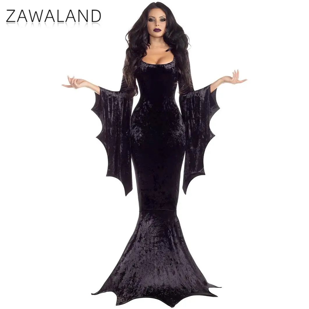 Halloween Witch Costume Cosplay Vintage Medieval Women Dress Penne Velvet Gothic Morticia Dress Carnival Party Witch's Robe