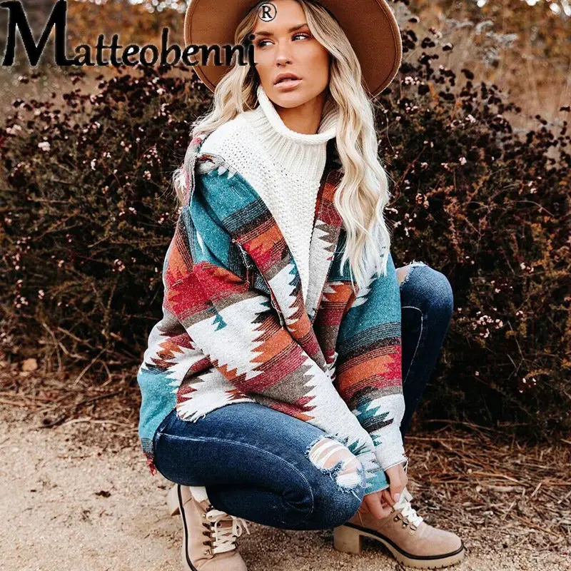 Vintage AZTEC Ethnic Geometric Jeans Jacket Women Casual Turn-down Collar Loose Woolen Coats Long Sleeve Denim Jacket Streetwear