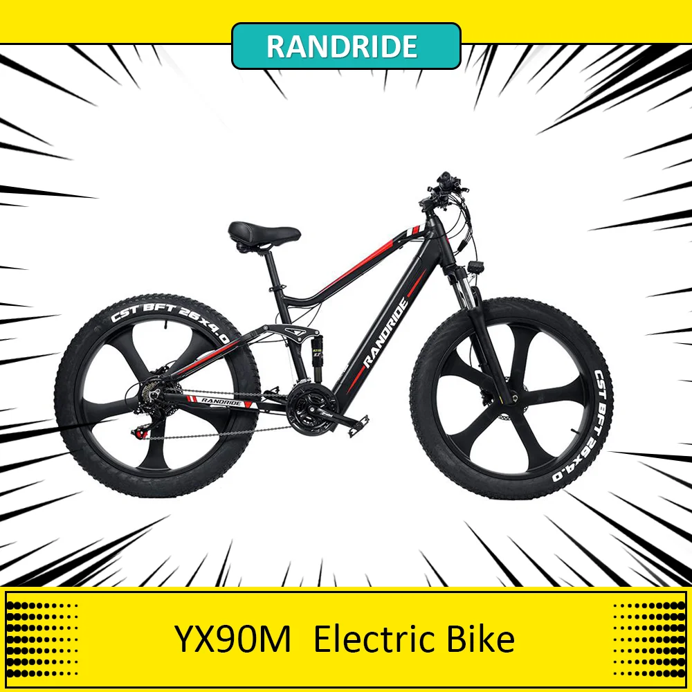 RANDRIDE YX90M Electric Bike, 1000W Brushless Motor, 48V13.6Ah Battery 26'' CST Fat Tire Adult E-bike 45km/h Max Speed Led light