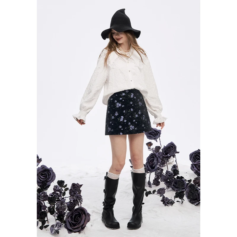 ELFSACK Y2K High Waist Gothic Floral A-Line Skirt Women, Black Skirt with Purple Print, Romantic Shoujo Cute Short Skirt