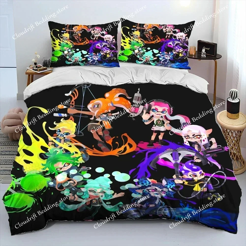 S-Splatoon Game Gamer Cartoon Comforter Bedding Set,Duvet Cover Bed Set Quilt Cover Pillowcase,King Queen Size Bedding Set Boys