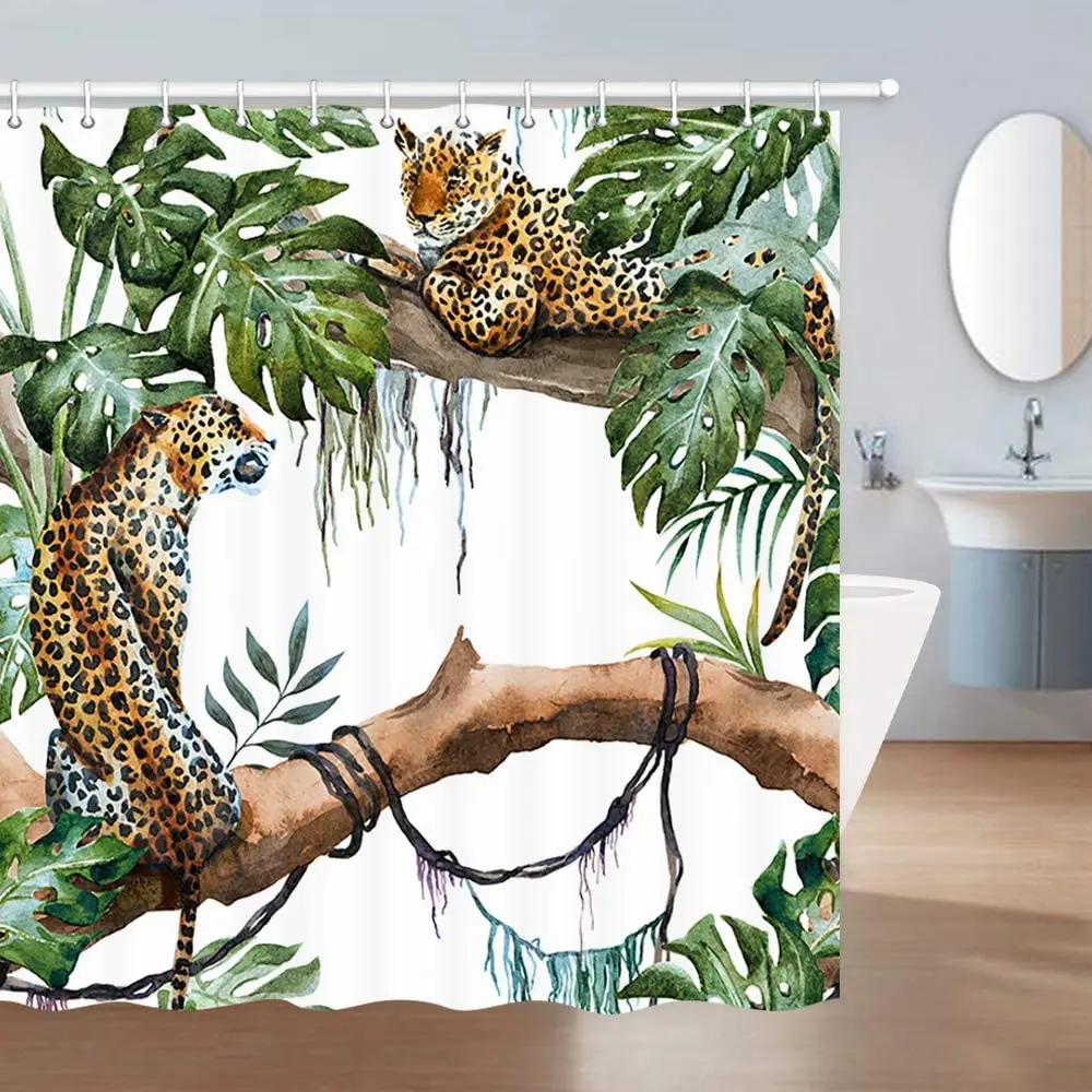 Animal Shower Curtain Watercolor Tropical Leopard Pattern Polyester Fabric Bath Bathroom Curtains with Hooks