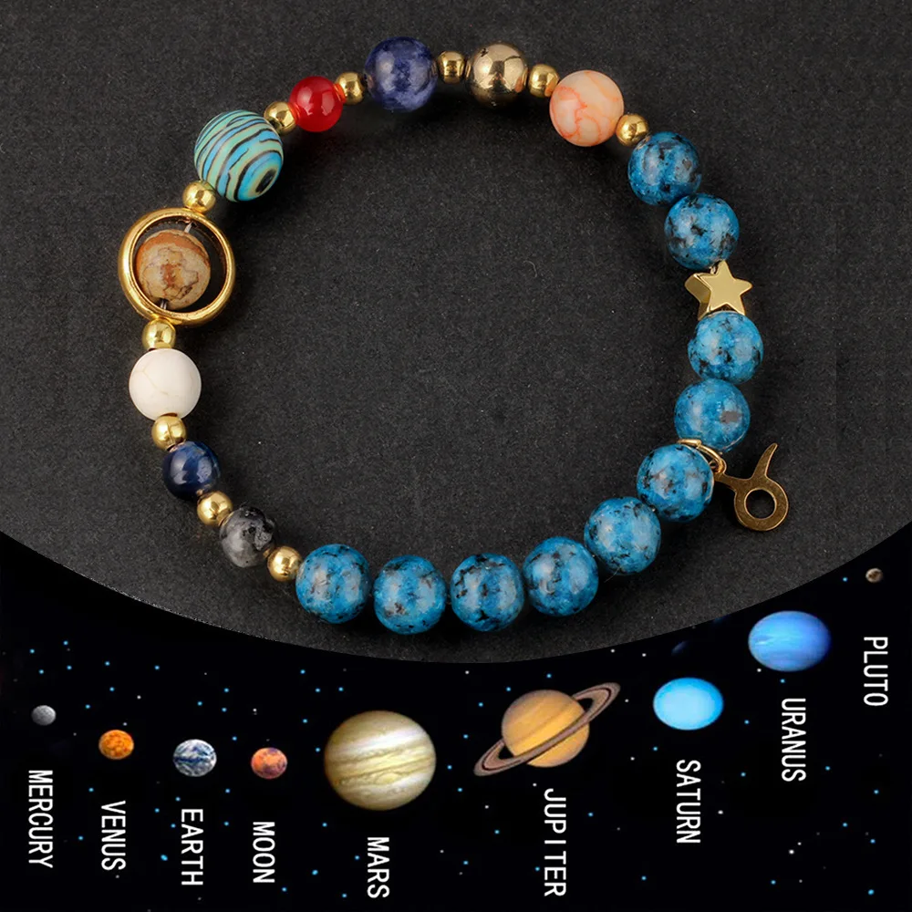 12 Style Blue Zodiac Bracelet for Men Women Natural Agate Stone Beads Astronomical 8 Planet Charm Jewelry Gift 2025 New Fashion
