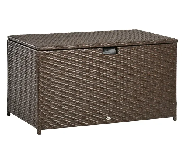 Outsunny Caja de cubierta para exteriores, mimbre PE con revestimiento, elevador hidráulico y asa para interior, exterior, patio, piscina, juguetes, Gar