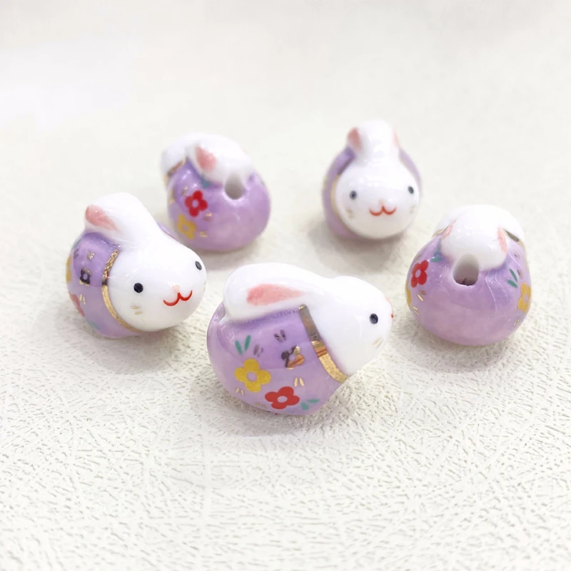 5pcs Lovely Rabbit Pottery Ceramic Beads Pendant 20x16x14mm Cartoon Animals Loose Porcelain Beads For Jewelry Making Accessories