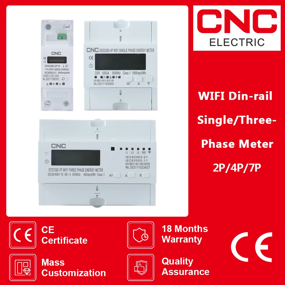 CNC Din Rail WIFI Smart Energy Meter timer Monitor kWh Meter Wattmeter Tuya Single Phase 220V 50/60Hz 65A