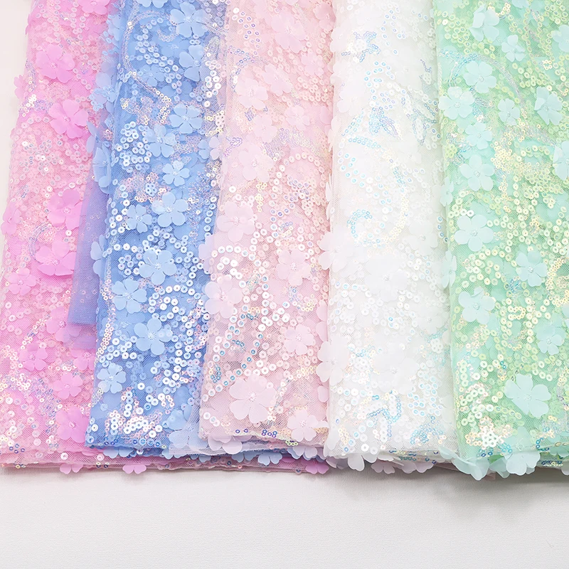 

3D Floral Lace Tulle Fabric with Sequins Mesh for DIY Costume Stage Photography Decoration Craft