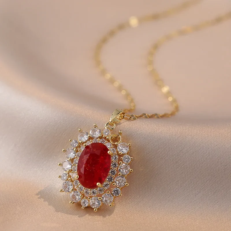 316L Stainless Steel Chian Oval Circular Micro Inlaid Zircon Pendant Woman Necklace Vintage Jewelry image 2