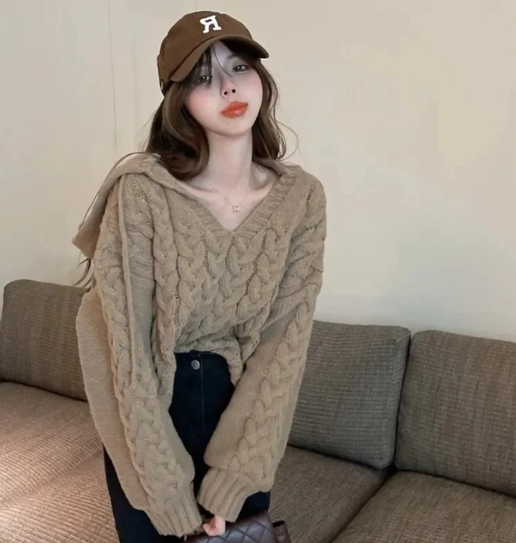 

Women's Spring Autumn New Style Soft Supple Cable Knit Sweater Hooded Cropped Top Loose Fit Sensibility Niche Design Knitted Top