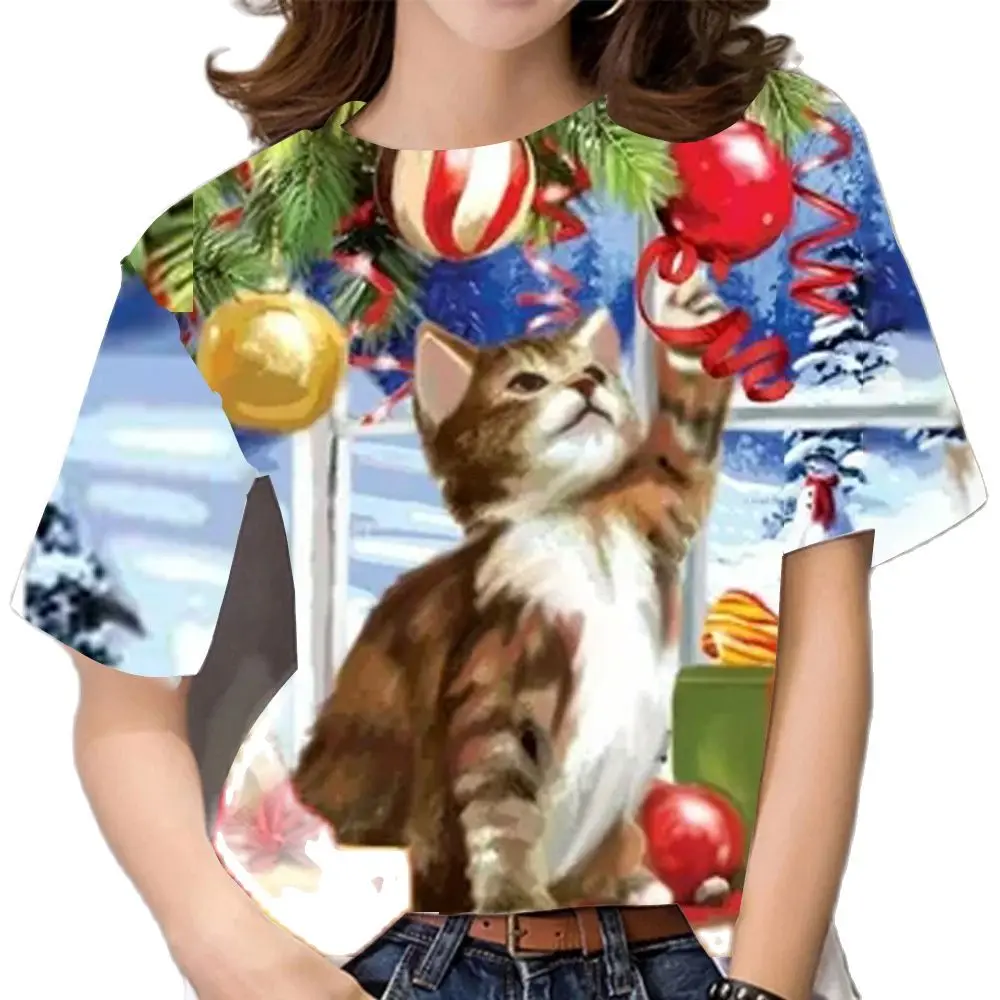 Camiseta navideña para mujer, camisetas de manga corta con cuello redondo 3d para niñas, moda de Corea, camisetas de Navidad para mujer, ropa de gran tamaño para mujer 2024