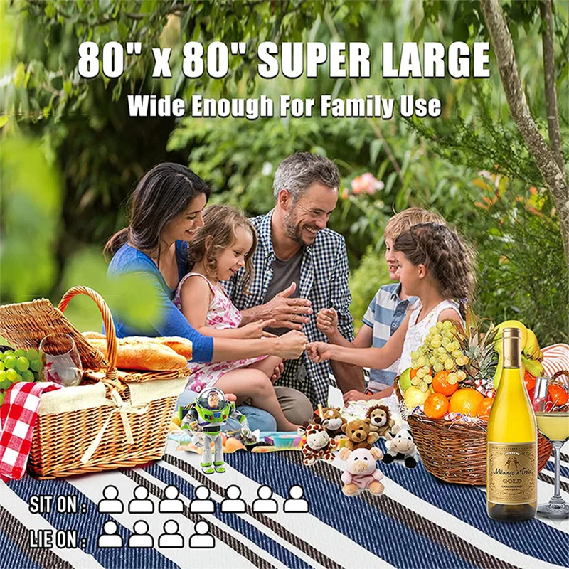 80" x 80" Picknickdecke, extra große, wasserdichte und faltbare Strandmatte, Outdoor für 8 Erwachsene, Camping, Park, Strand, Gras, drinnen – Detail 19