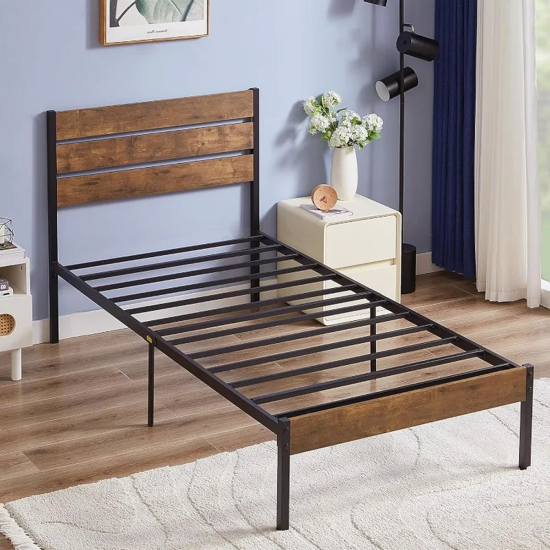 Cadre de lit double avec planche de sauna et pied de lit, bois rustique vintage, base de matelas, support de lattes métalliques de bain