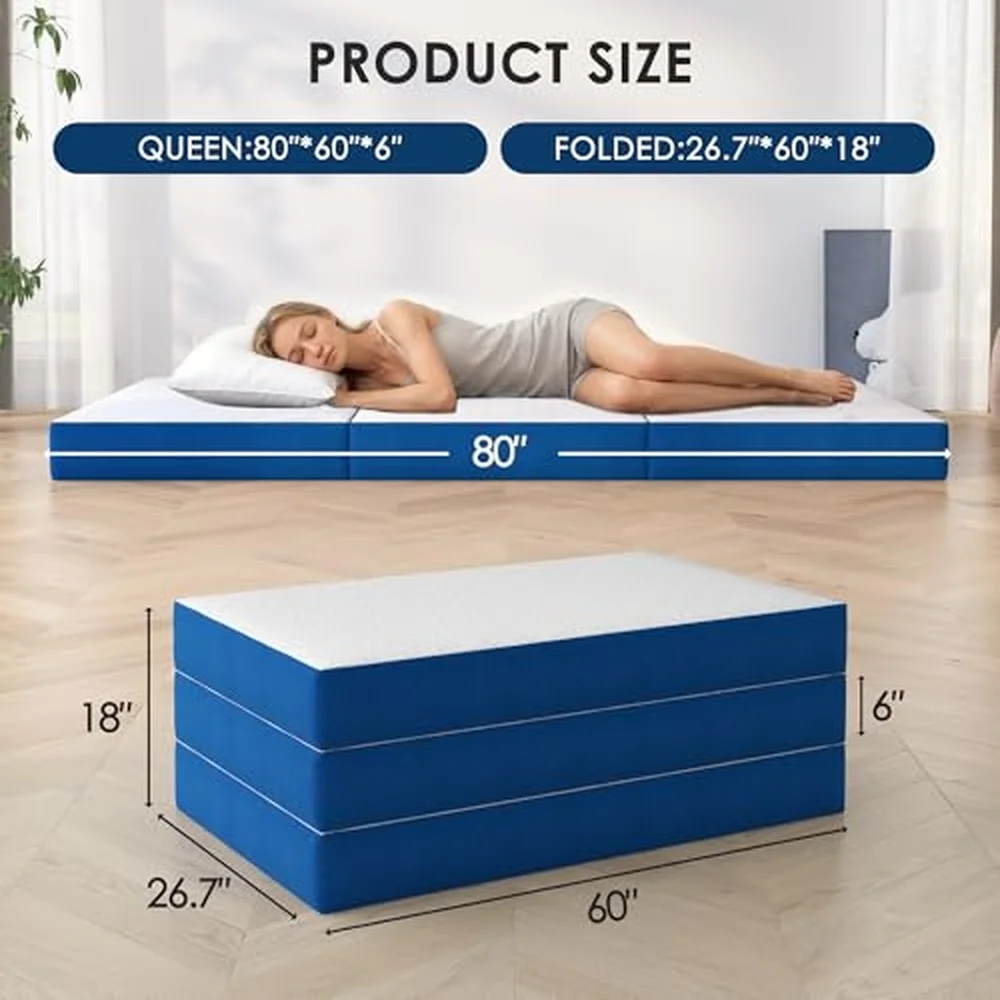 6 Inch Tri Fold Mattress Queen Size Portable Memory Foam Guest Bed with CertiPUR US Certified Cooling Gel & Washable